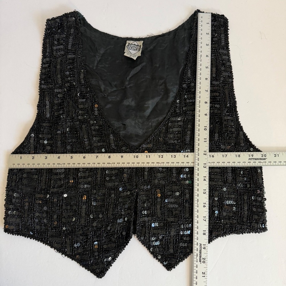 Vintage Silk Beaded Sequin Vest Black Medium Goth Party 90s Glam Witchy - Picture 6 of 6